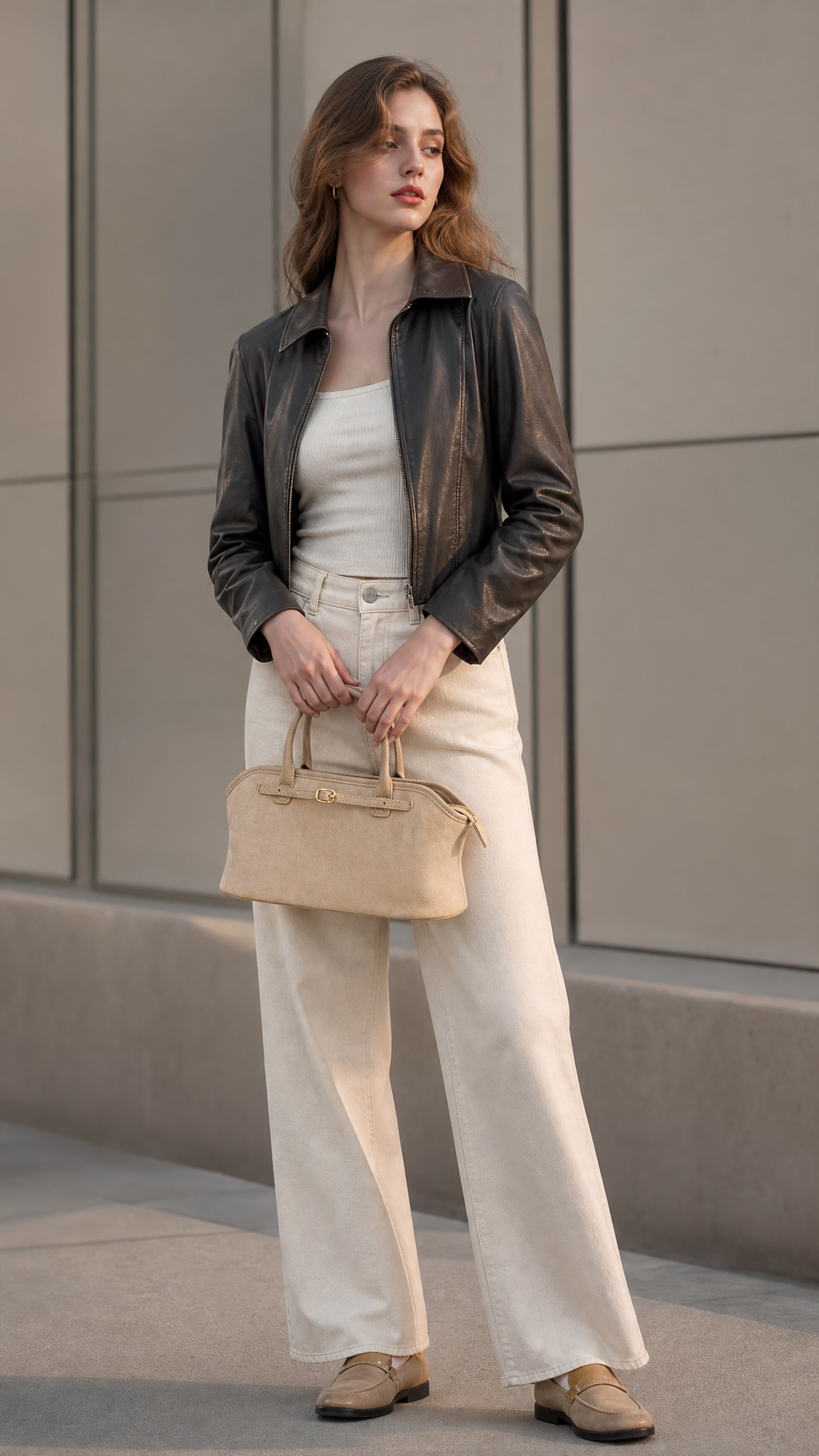 Mireille Top Handle Crossbody Bag - Ivory Fake Suede