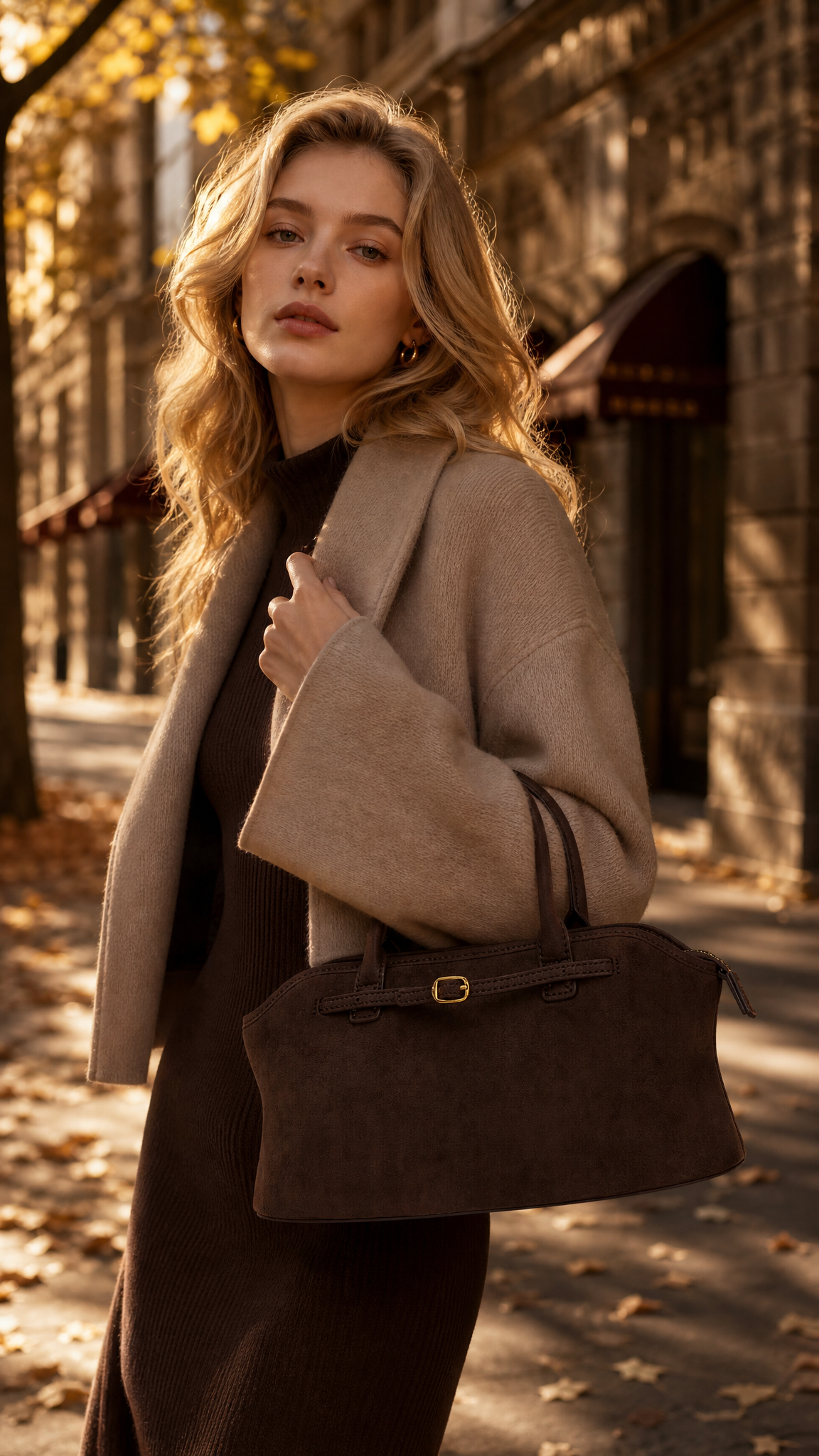 Mireille Top Handle Crossbody Bag - Dark Brown Fake Suede
