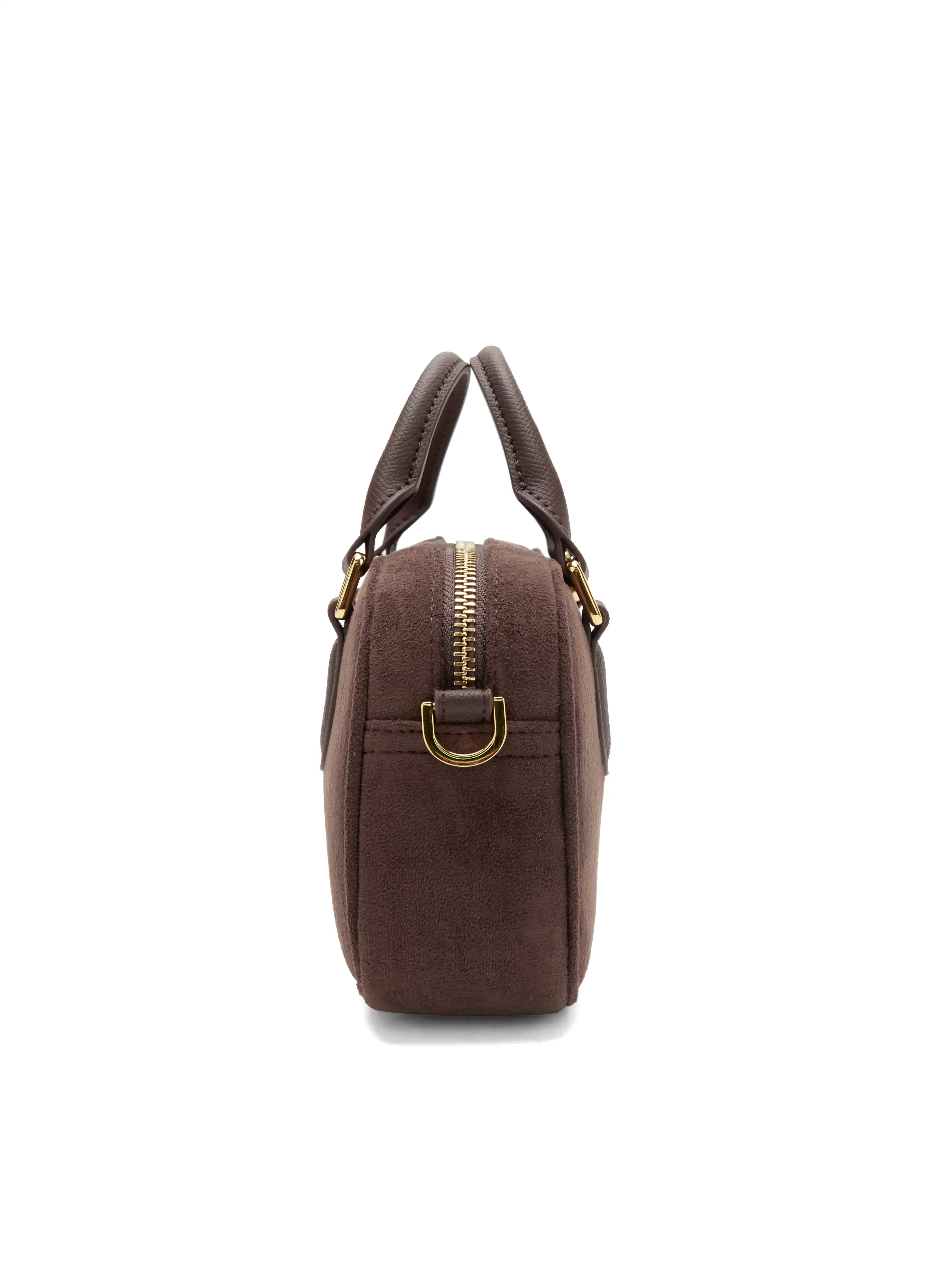 Cassandra Top Handle Crossbody Bag - Dark Brown Fake Suede