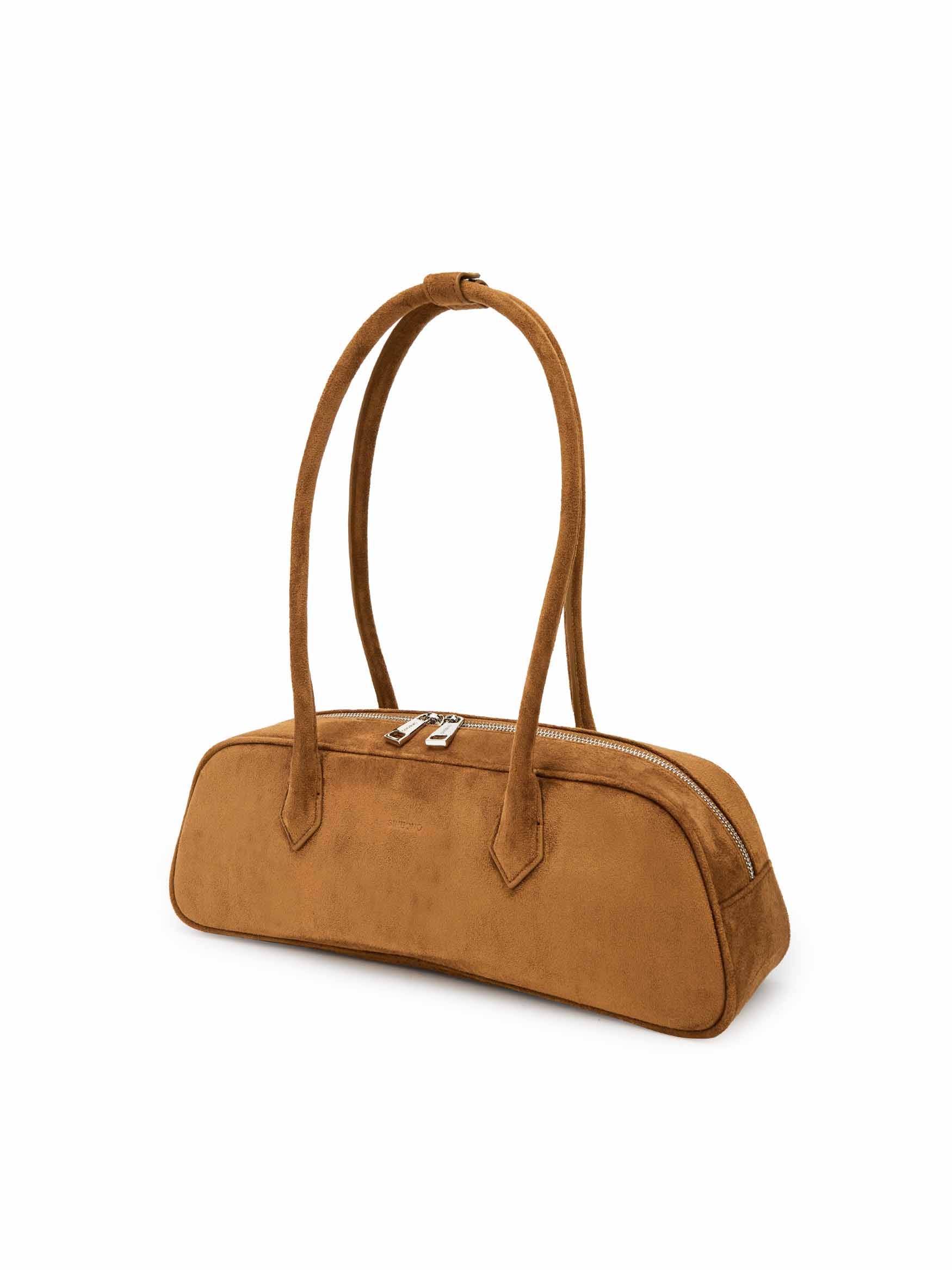 Kiera Shoulder Bag in Brown Faux Suede Leather - Side Angle