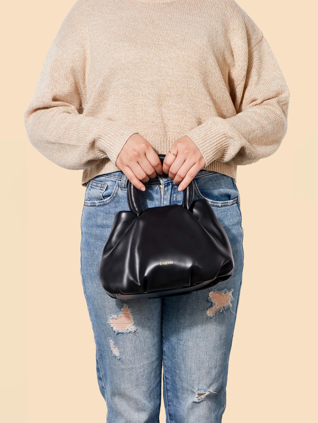 SINBONO Gal Black Leather Handbags -Vegan Leather Women Bag
