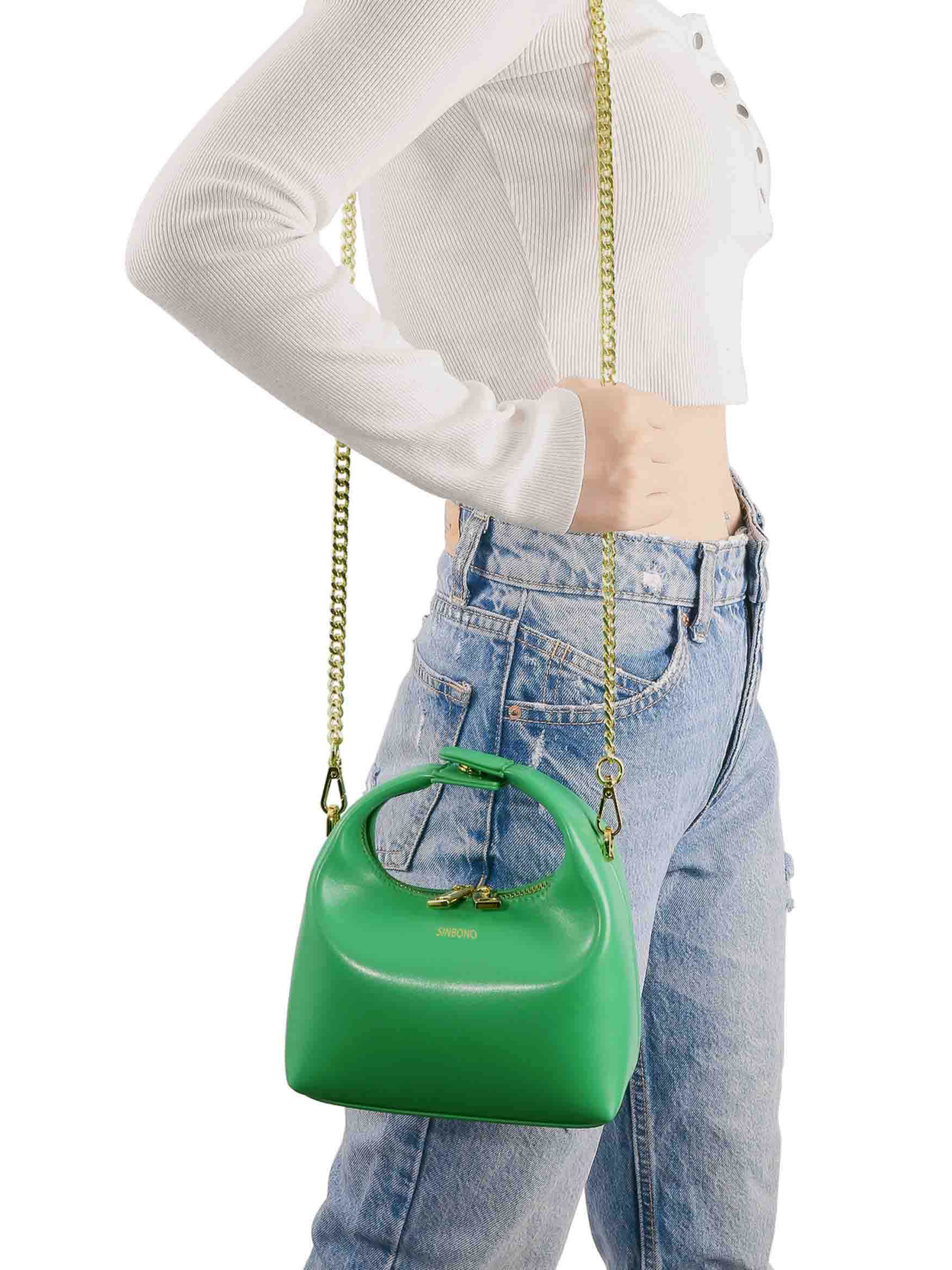 Vienna in Grass Green Vegan Leather - Crossbody Style on Model