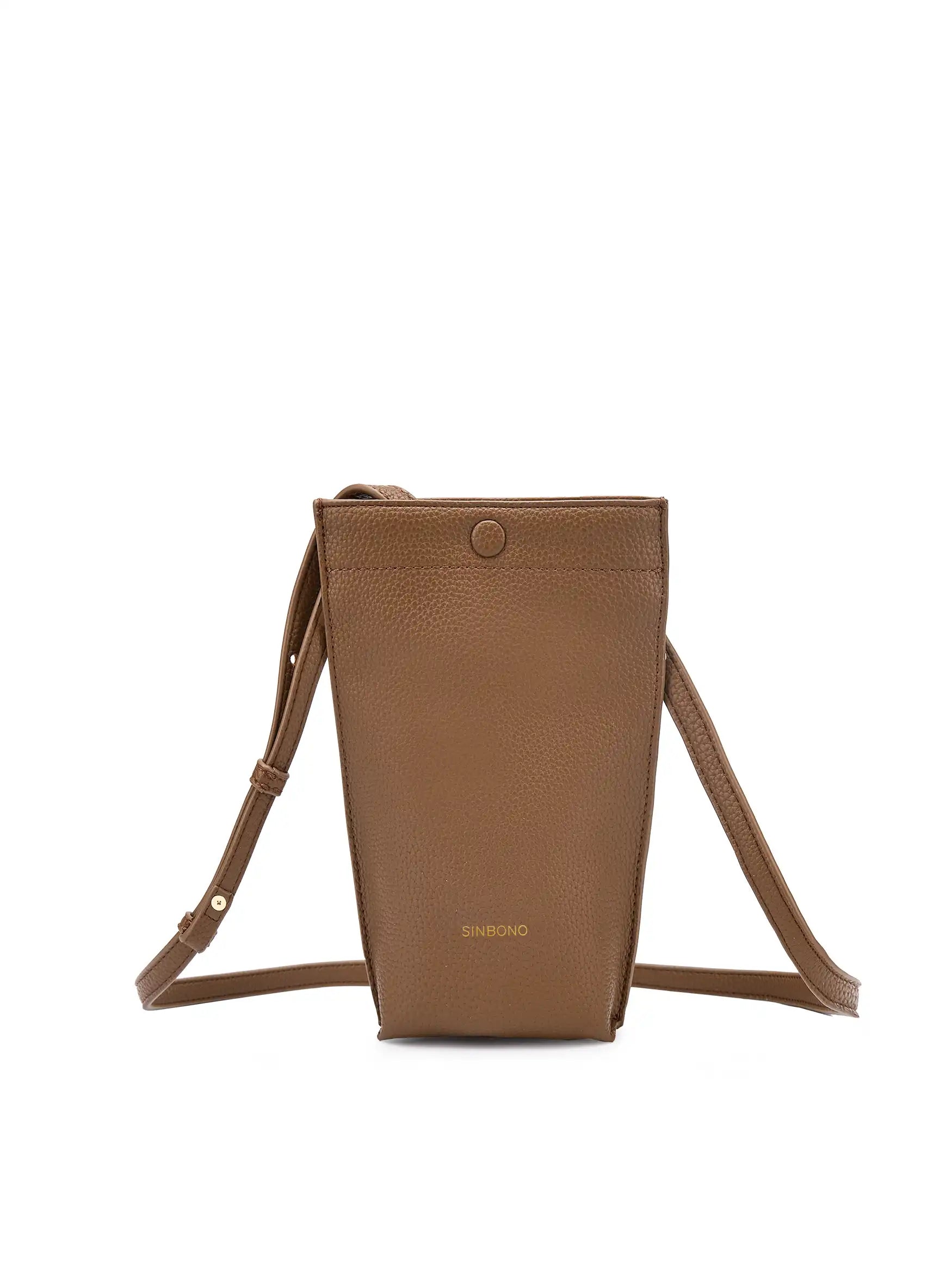 Sharla Crossbody Wallet Phone Bag in Brown Vegan Leather - Front View