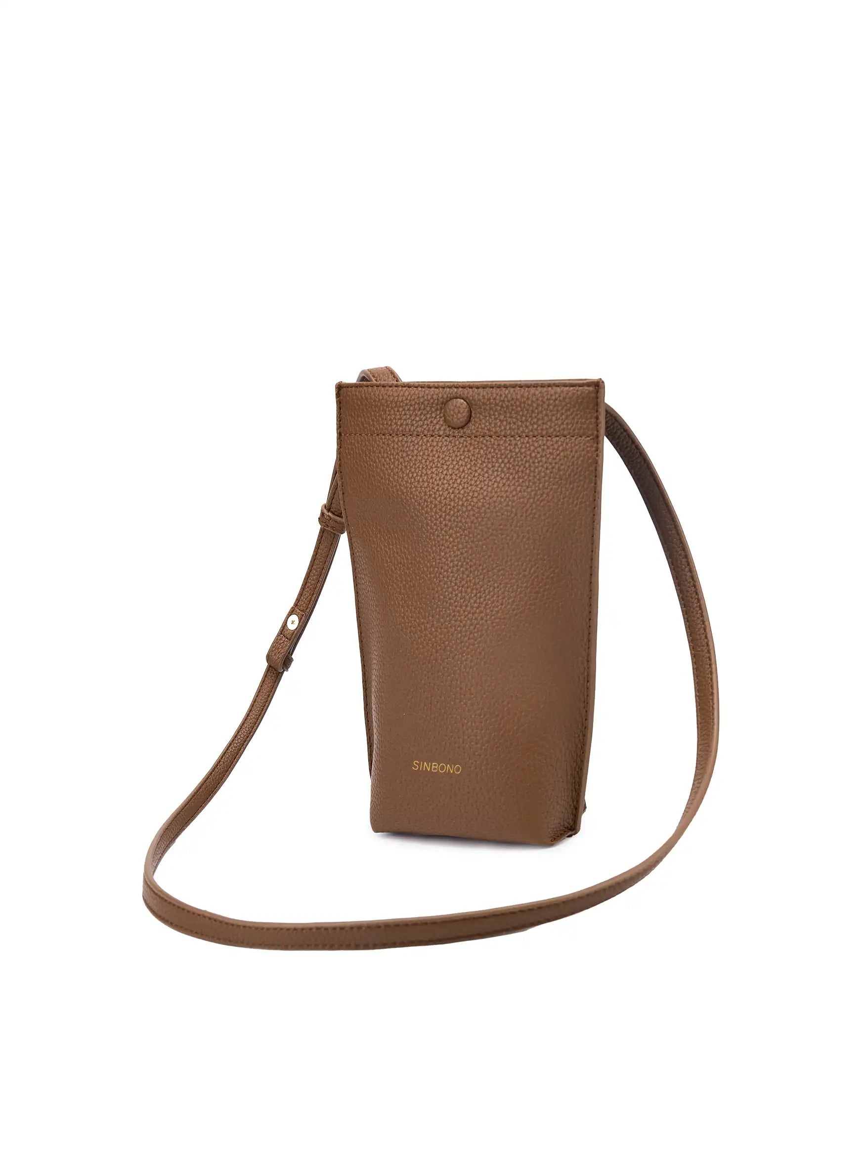 Sharla Crossbody Wallet Phone Bag in Brown Vegan Leather - Side Angle