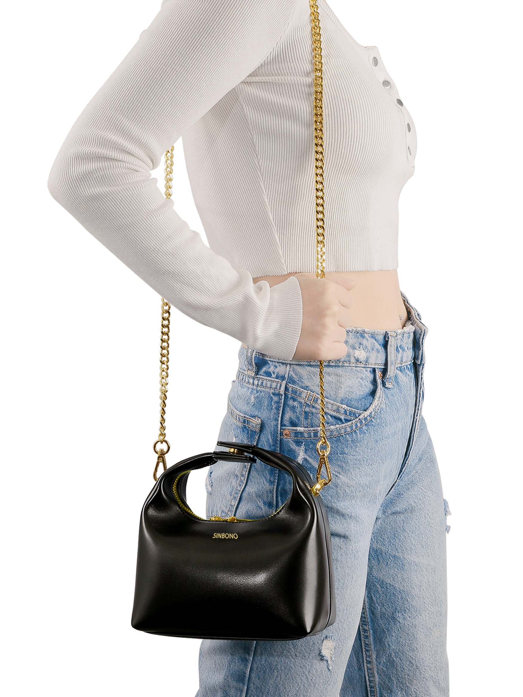Vienna in Black Vegan Leather - Model Wearing on Shoulder