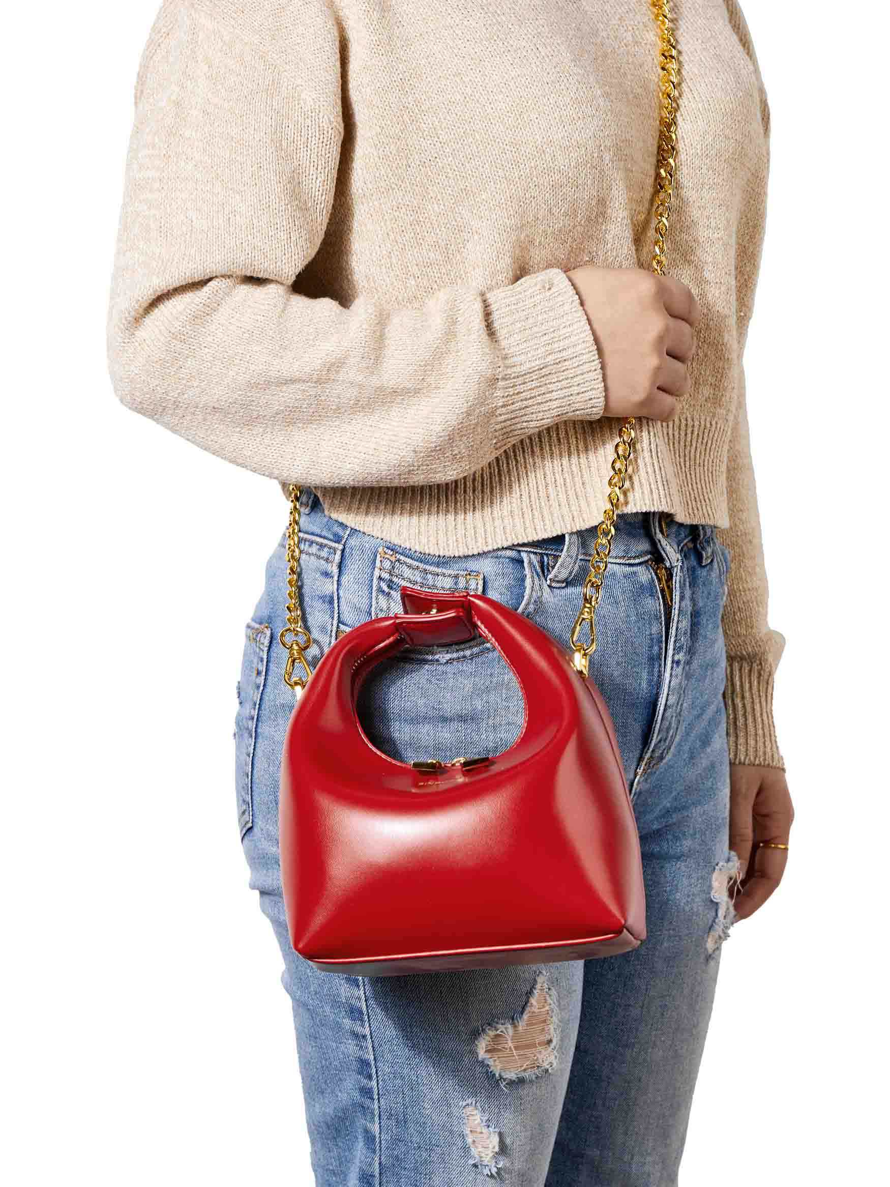 Vienna Top Handle Crossbody Bag in Red Vegan Leather - Model Wearing on Shoulder
