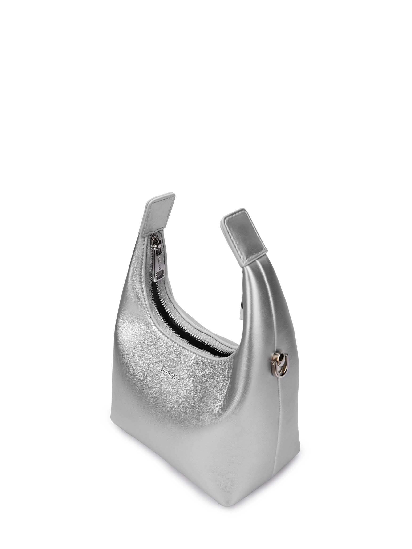 Vienna Top Handle Crossbody Bag in Silver Vegan Leather - Top Handle Close-Up
