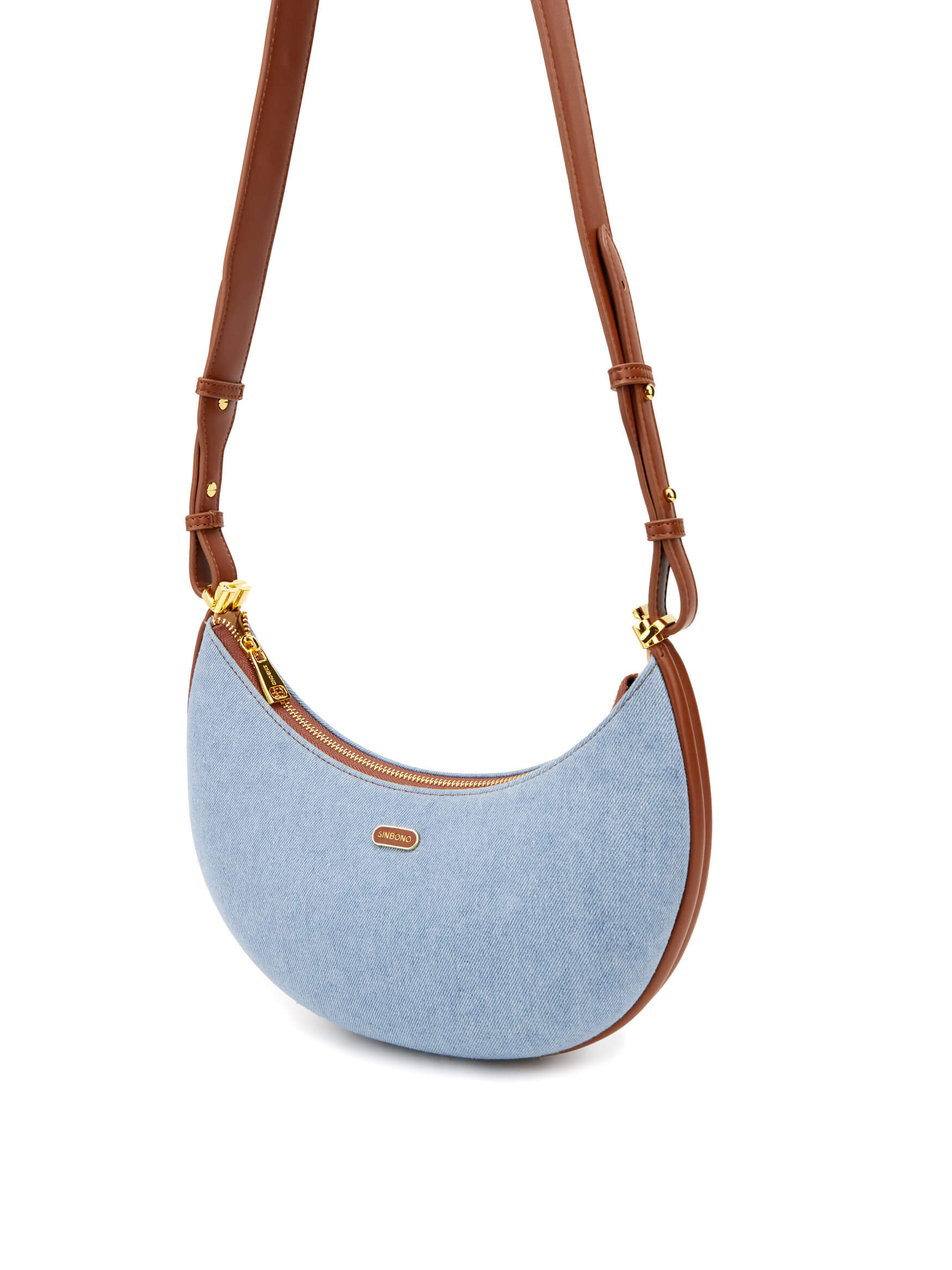 Zoey Shoulder Crossbody Bag in Light blue&Brown Vegan Leather - With chain