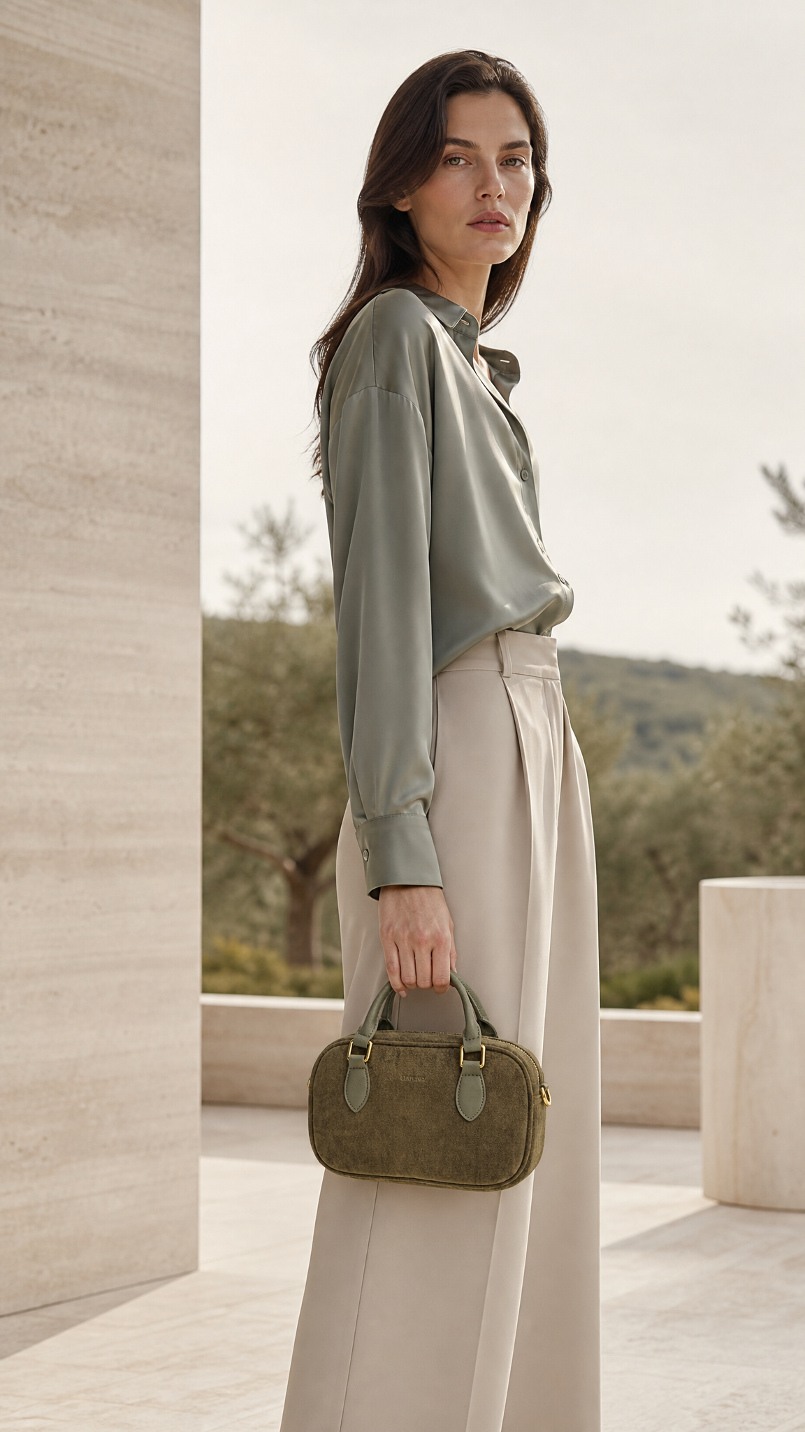 MCassandra Top Handle Crossbody Bag - Dark Green Fae Suede