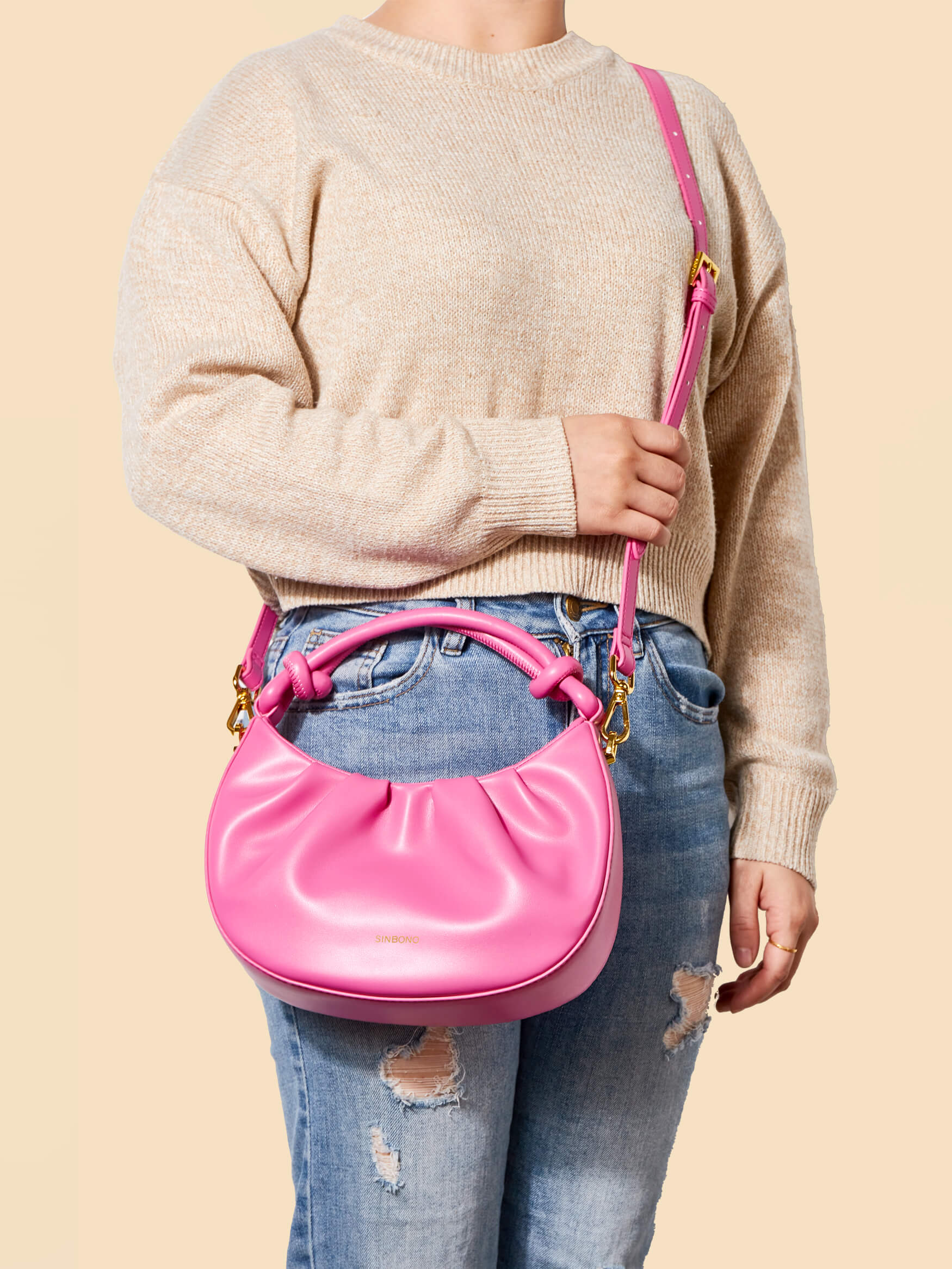 SINBONO Cate Bright Pink Leather Handbags -Vegan Leather Women Bag