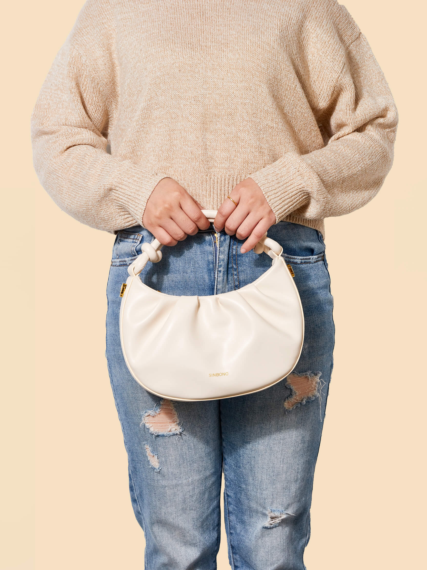 SINBONO Cate Ivory Leather Handbags -Vegan Leather Women Bag