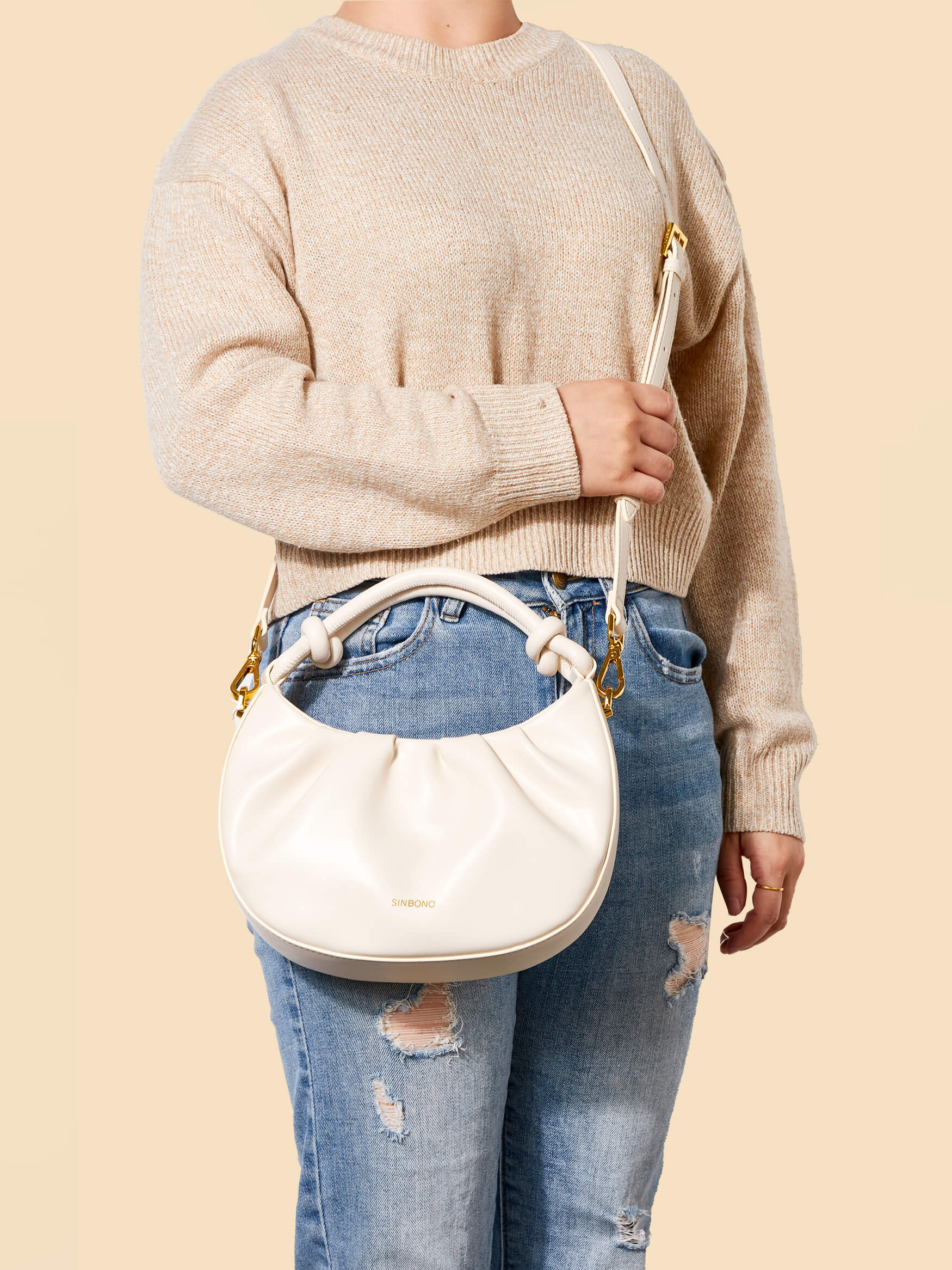 SINBONO Cate Ivory Leather Handbags -Vegan Leather Women Bag