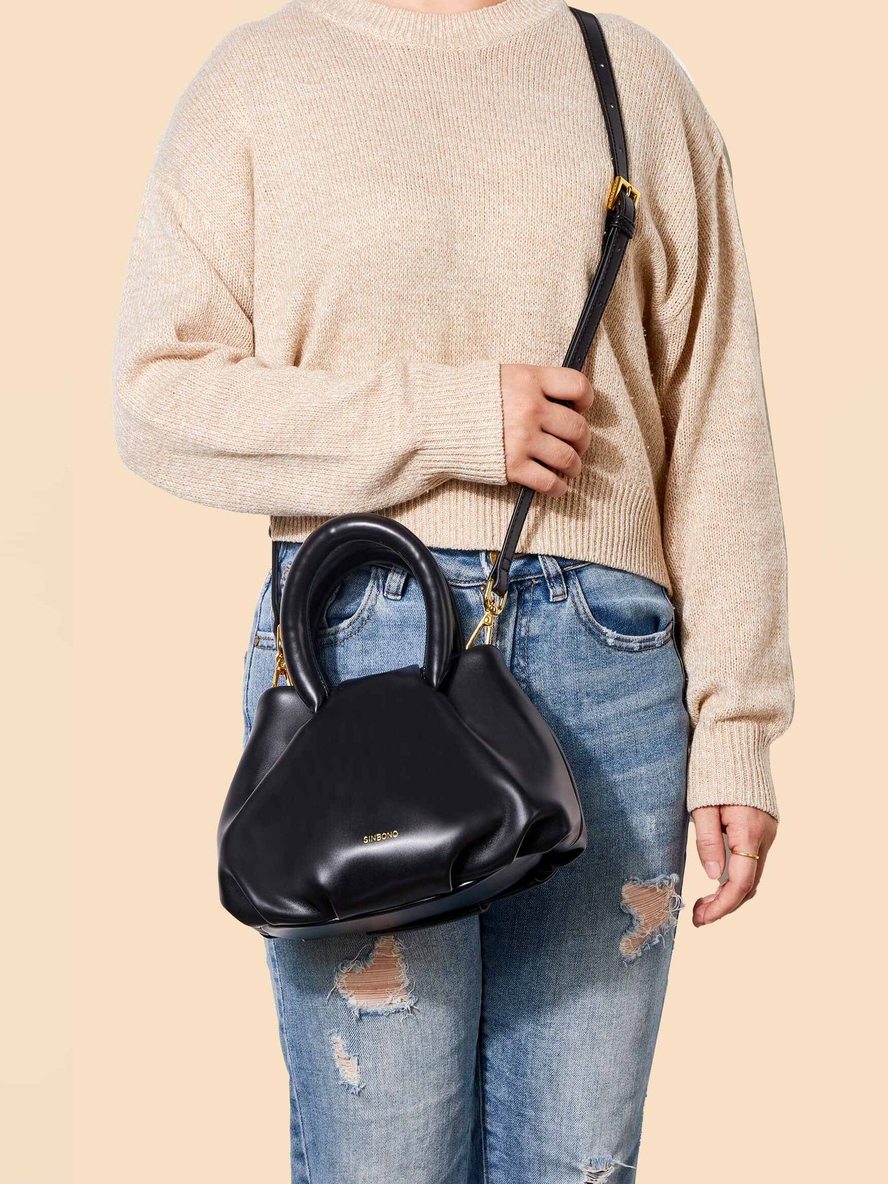 SINBONO Gal Black Leather Handbags -Vegan Leather Women Bag