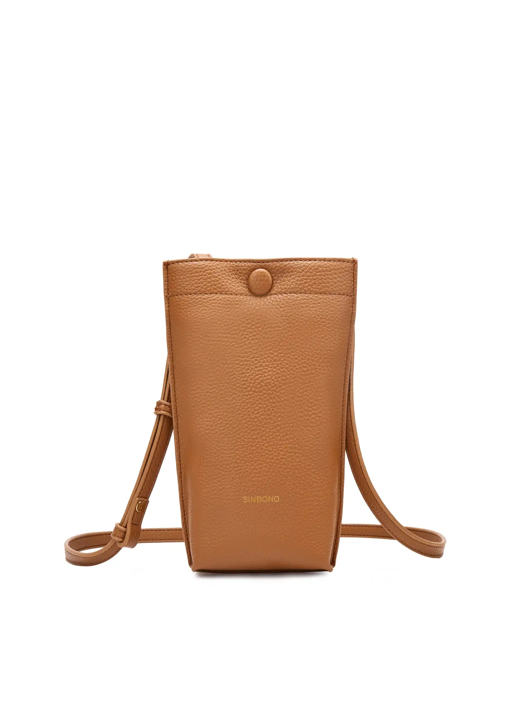 Sharla Crossbody Wallet Phone Bag in Orange Brown Vegan Leather - Front View