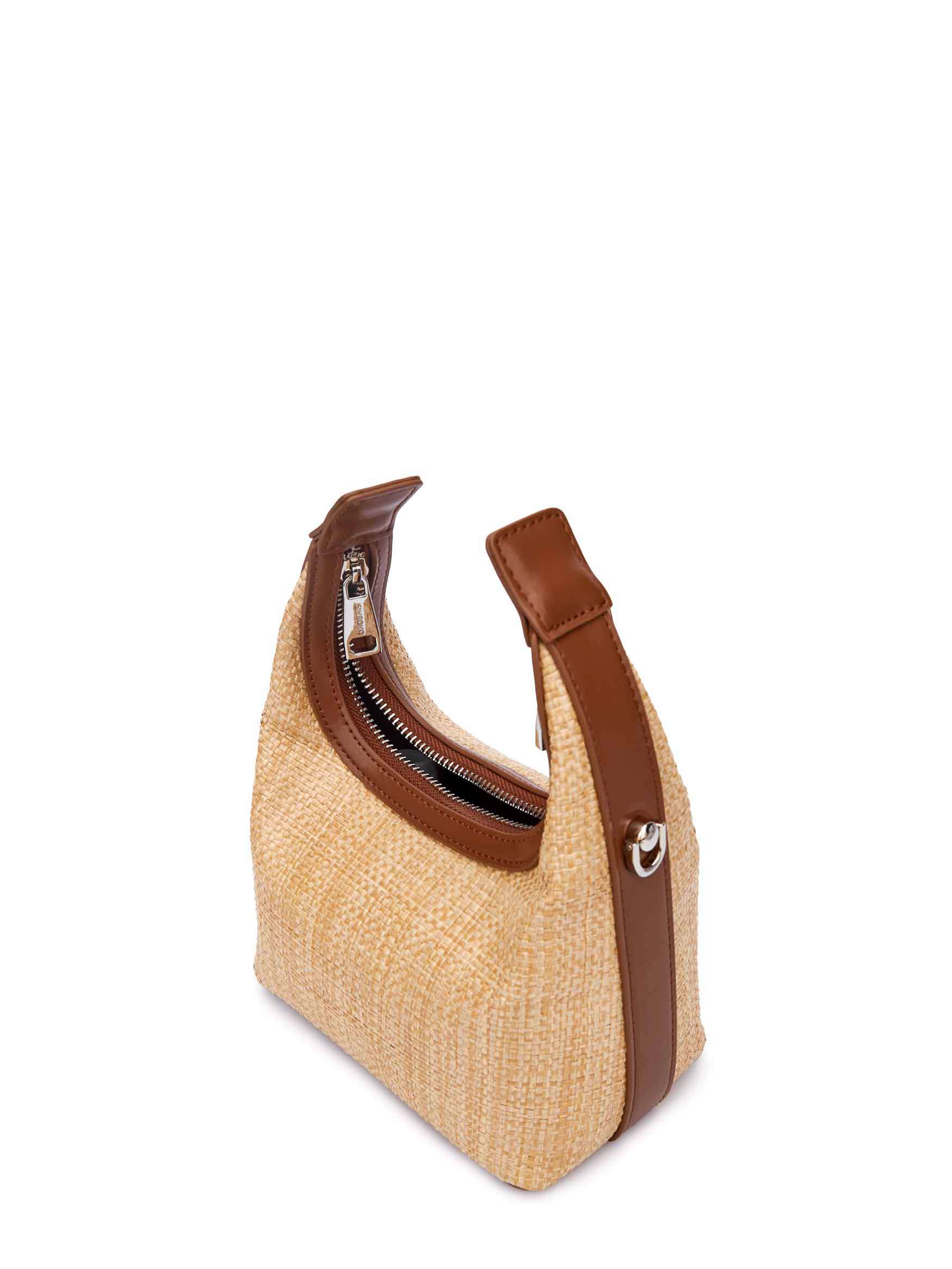 Vienna Top Handle Crossbody Bag in Brown&Straw Vegan Leather - Top Handle Close-Up