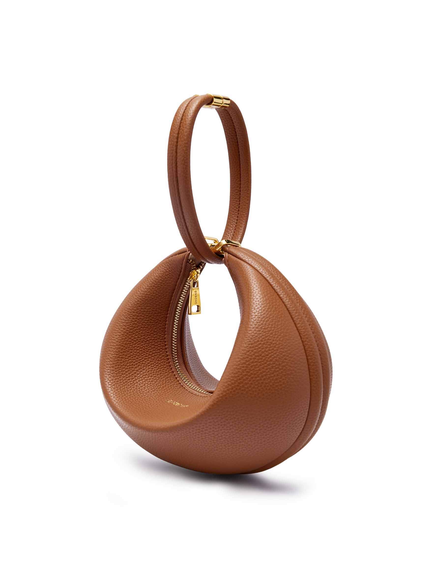 Zoey Shoulder Crossbody Bag in Brown Vegan Leather - Top Handle Close-Up