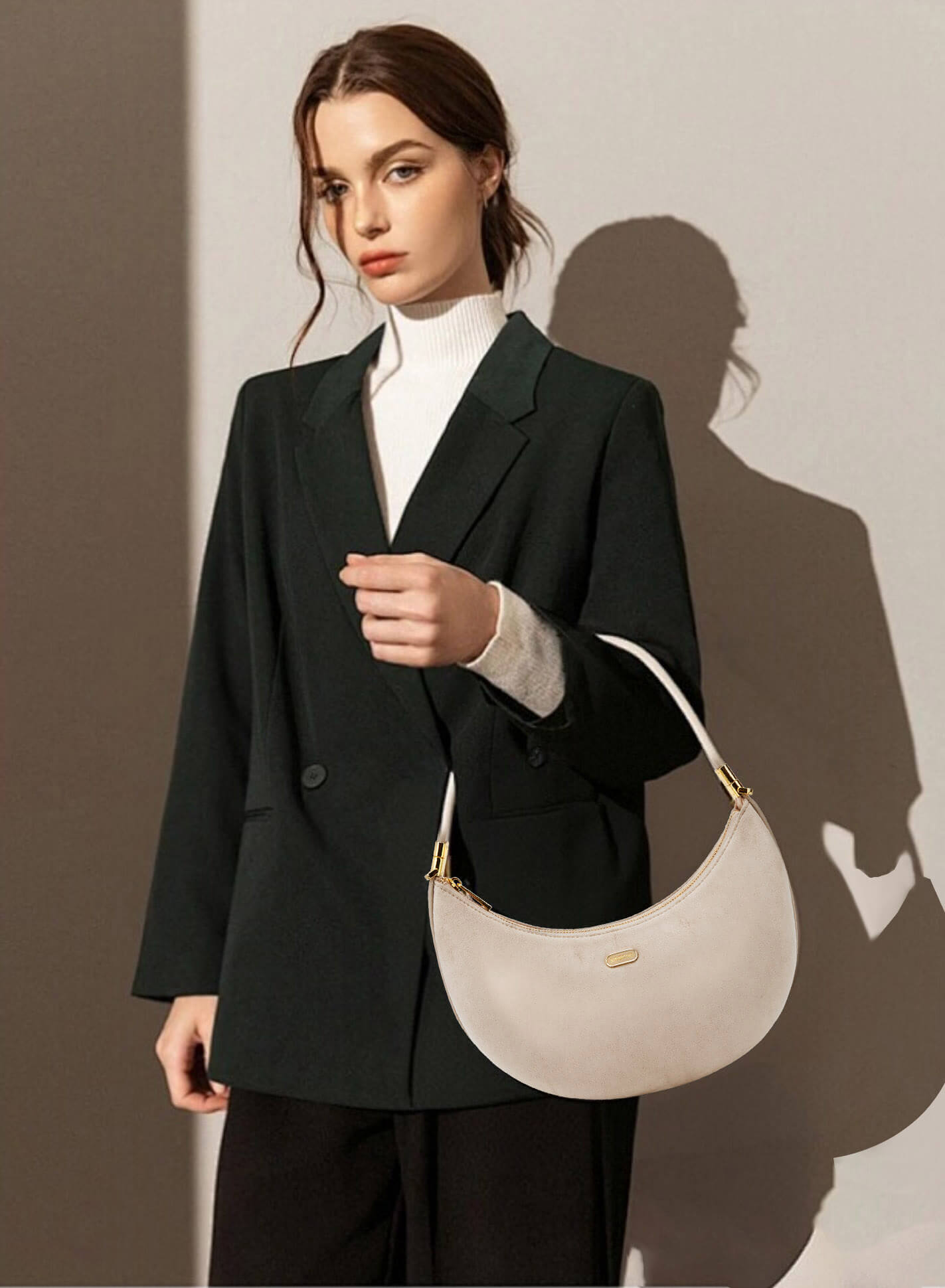 Zoey Shoulder Crossbody Bag  in Ivory Fake Suede Denim texture Leather - Model Holding Front View